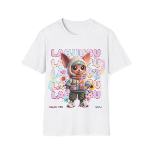 White t-shirt with cartoon character and colorful text on a white background