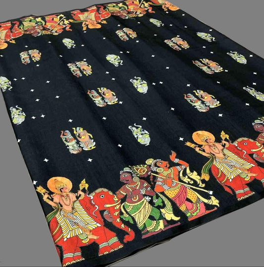 Handloom Tussar Silk Kalamkari Printed Saree - Black
