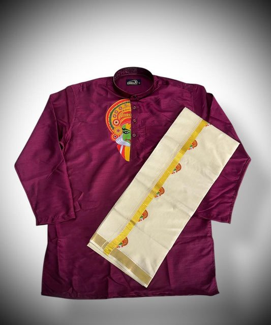 Burgundy Kathakali Printed Kurtha and Dhoti Combo