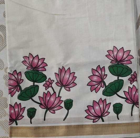 White fabric with pink lotus flower design on a beige background
