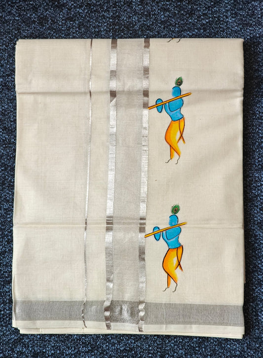 "KRISHNA" Printed Double Silver Kasavu Dothi
