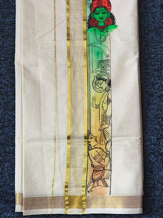 "KRISHNA" Printed Green Double Golden Kasavu Dothi