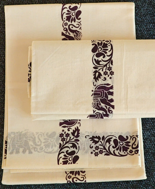 Set Mundu - Elephant Design Pallu with 1 Inch in Dark Purple