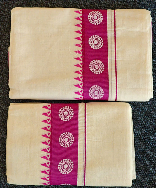 Set Mundu - Floral Print Design Pallu with 2 Inch in Magenta