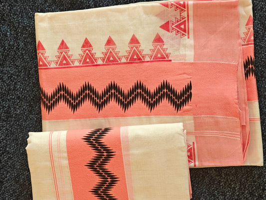 Set Mundu - Temple Design Pallu with 3 Inch Light Orange Kasavu