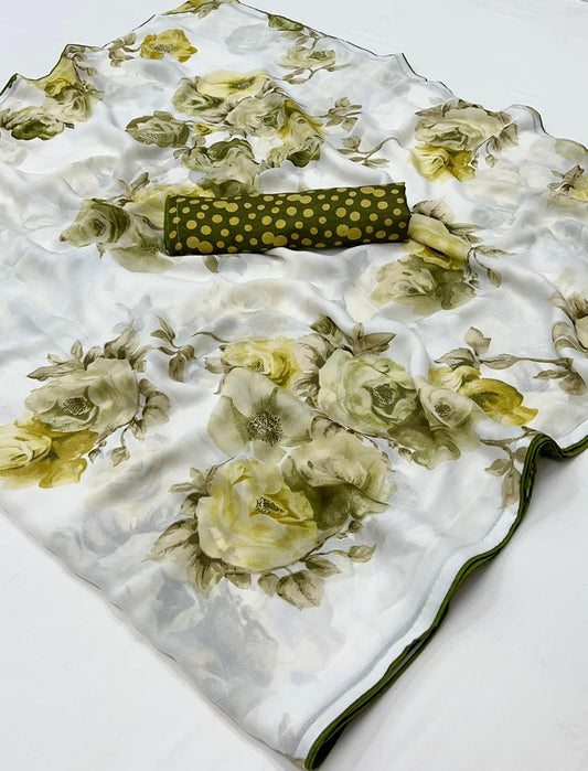 White & Yellow Flower Georgette Saree