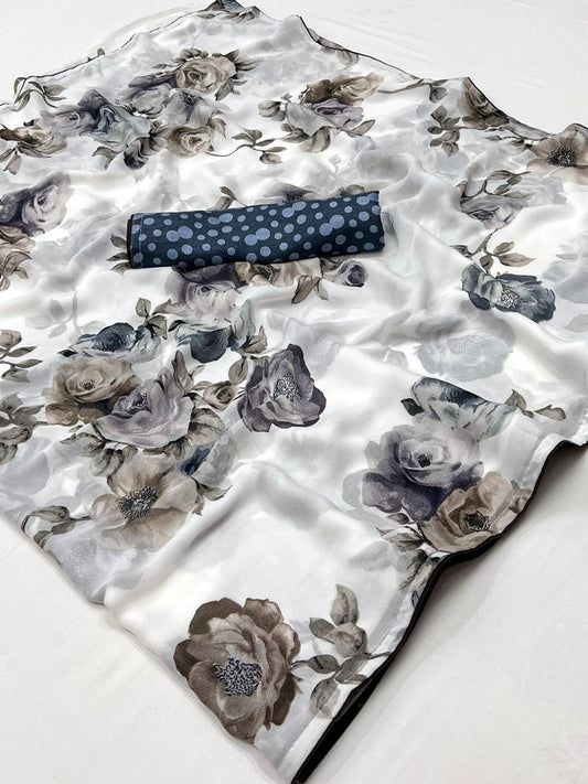 White & Navy Blue Flower Georgette Saree