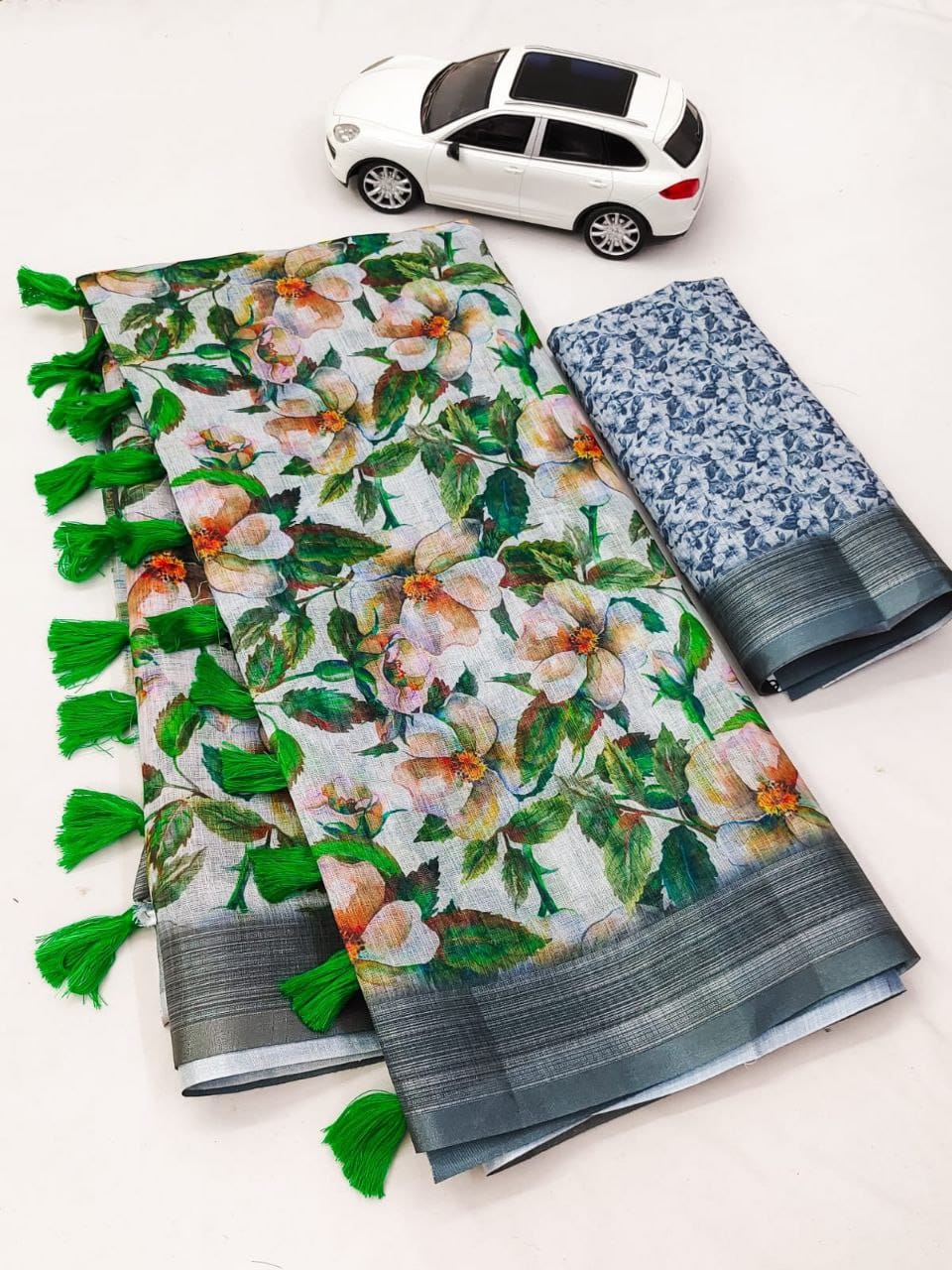 Linen with Silver Jari Border Saree - Green