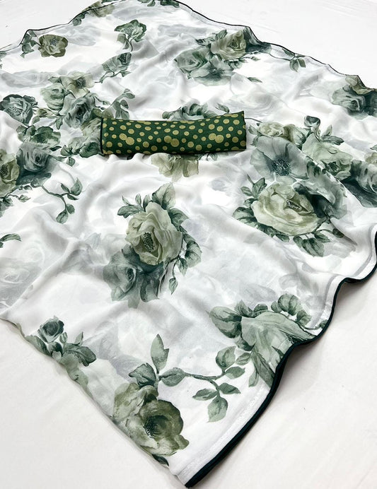 White & Green Flower Georgette Saree
