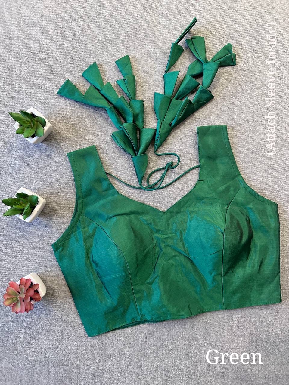 Green Silk Blouse for Women | Sweetheart Neckline, Padded, Sleeves attached, Size Alterable 40 - 46