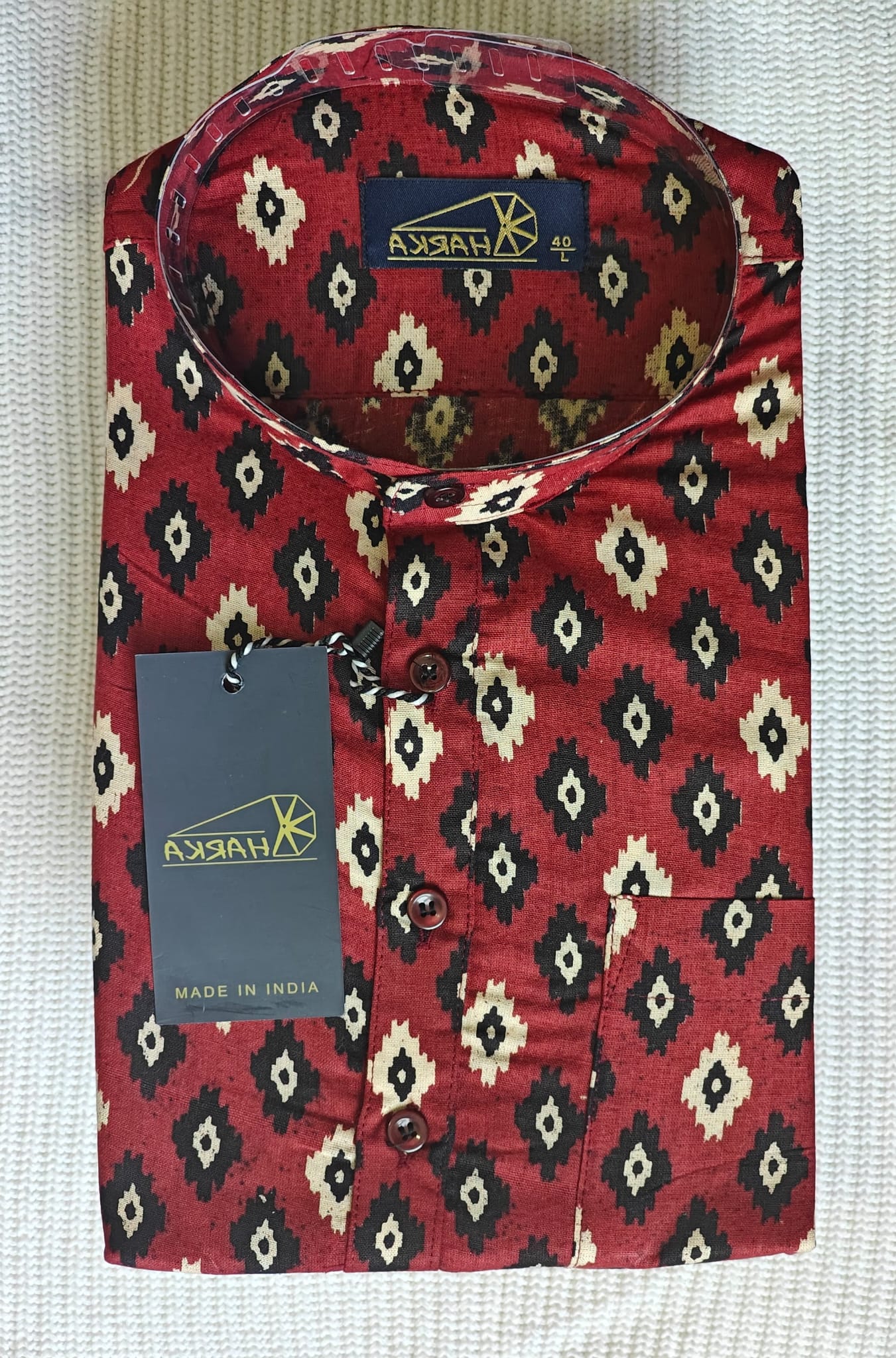 Red Ikat-Inspired Printed Full Sleeve Kurta for Men