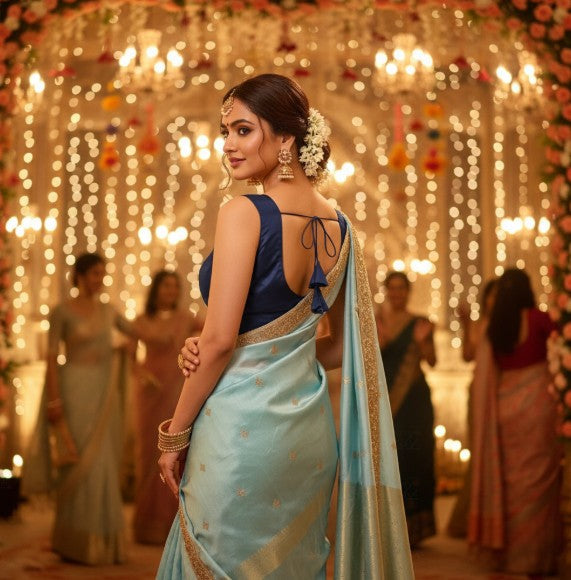 Navy Royal Blue Silk Blouse for Women | Sweetheart Neckline, Padded, Sleeves attached, Size Alterable 40 - 46