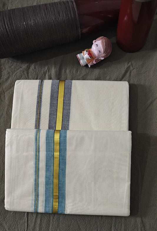 Blue Double Stripe Kerala Dhothi with Golden Border – 4 Meter