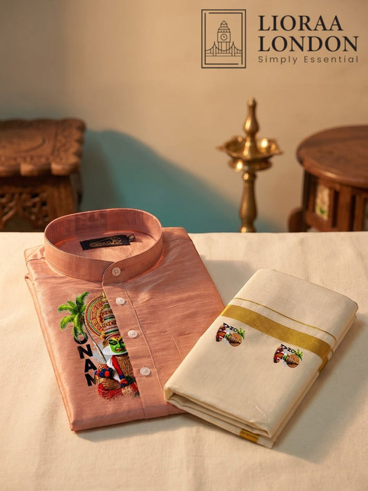 Printed Rose Beige Kurta + Kasavu Dhoti Combo for Men - Kathakali / Theyyam / Pulikali | Onam Collection | Lioraa London