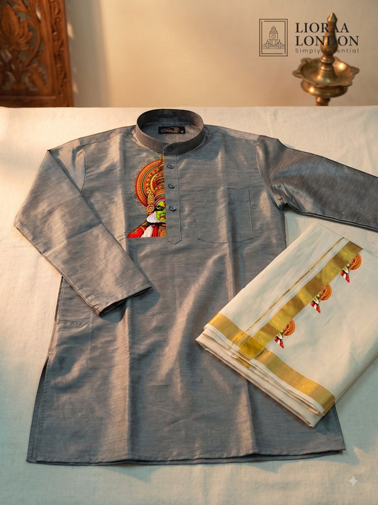 Lioraa London Ltd grey cotton-silk kurta with Kathakali print paired with an off-white Kasavu dhoti for Onam.