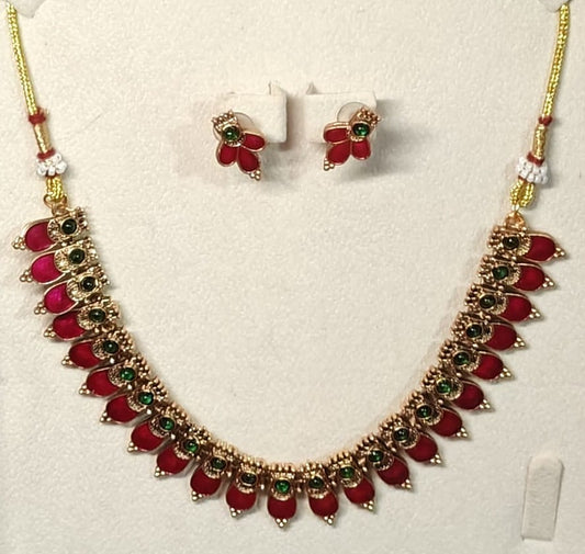Kovai Neck Set Pink With Green Design