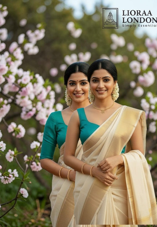 Lioraa London Ltd morpeach cotton silk blouse with sweetheart neckline worn with a cream and gold saree by a river.
