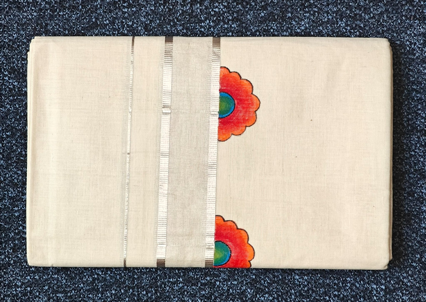 "POOKKALAM" Printed Double Silver Kasavu Dothi