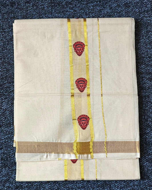 "THEYYAM" Printed Double Golden Kasavu Dothi