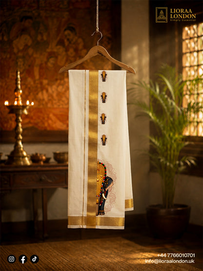 Onam Special Elephant Print Combo Set - Double Dhoti + Shirt for Men | 4M Off-White Mundu with 1.5-Inch Golden Kasavu Border