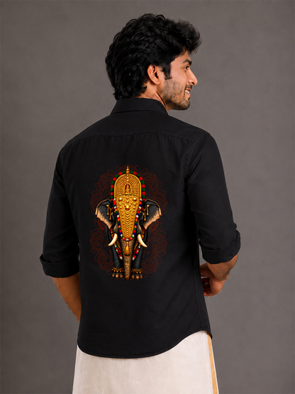 Onam Special Elephant Print Combo Set - Double Dhoti + Shirt for Men | 4M Off-White Mundu with 1.5-Inch Golden Kasavu Border