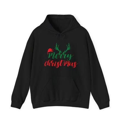Merry Christmas Reindeer Antlers Hoodie — Festive Holiday Sweatshirt with Santa Hat Accent