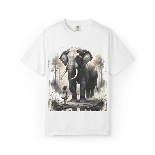 White t-shirt with an elephant and person graphic on a white background