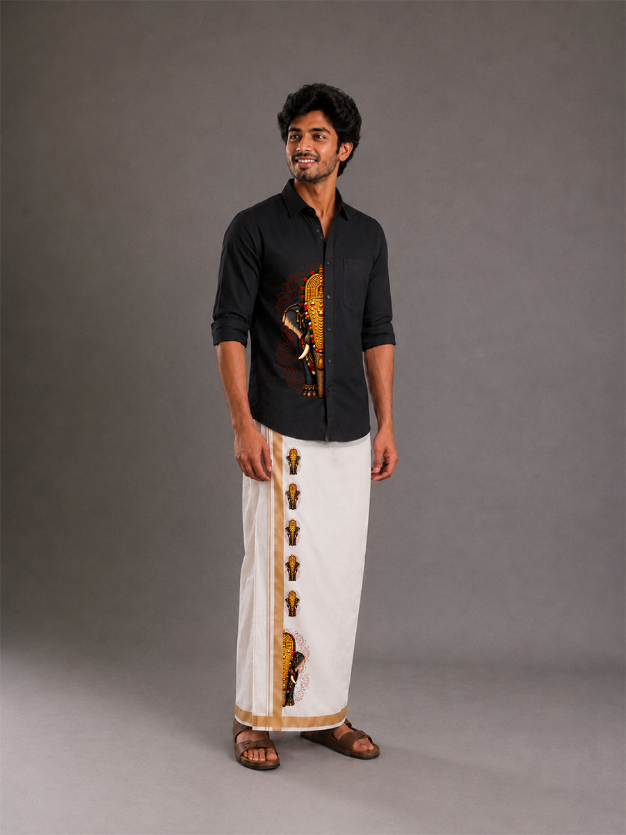 Onam Special Elephant Print Combo Set - Double Dhoti + Shirt for Men | 4M Off-White Mundu with 1.5-Inch Golden Kasavu Border