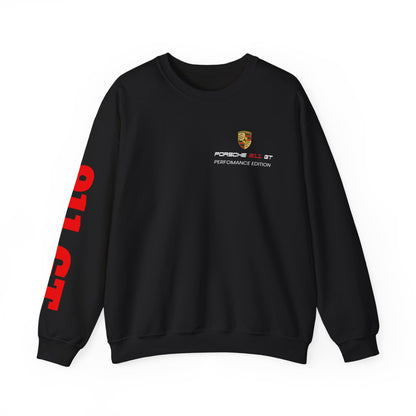Black sweatshirt with Porsche logo and branding on a white background