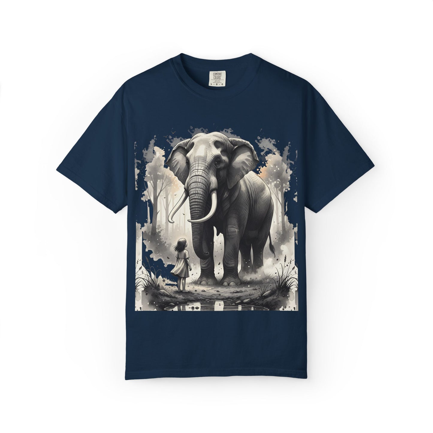 Navy blue t-shirt with an elephant and person graphic on a white background