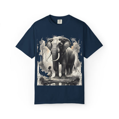 Navy blue t-shirt with an elephant and person graphic on a white background