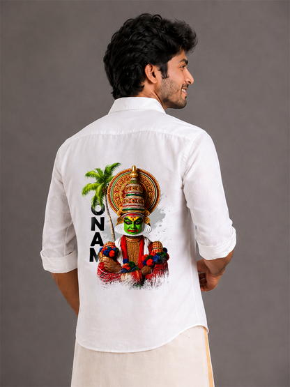 Onam Kathakali Print Combo Set - Off-White Double Dhoti with Black Border + Kathakali Print Shirt for Men | 4M Pure Cotton