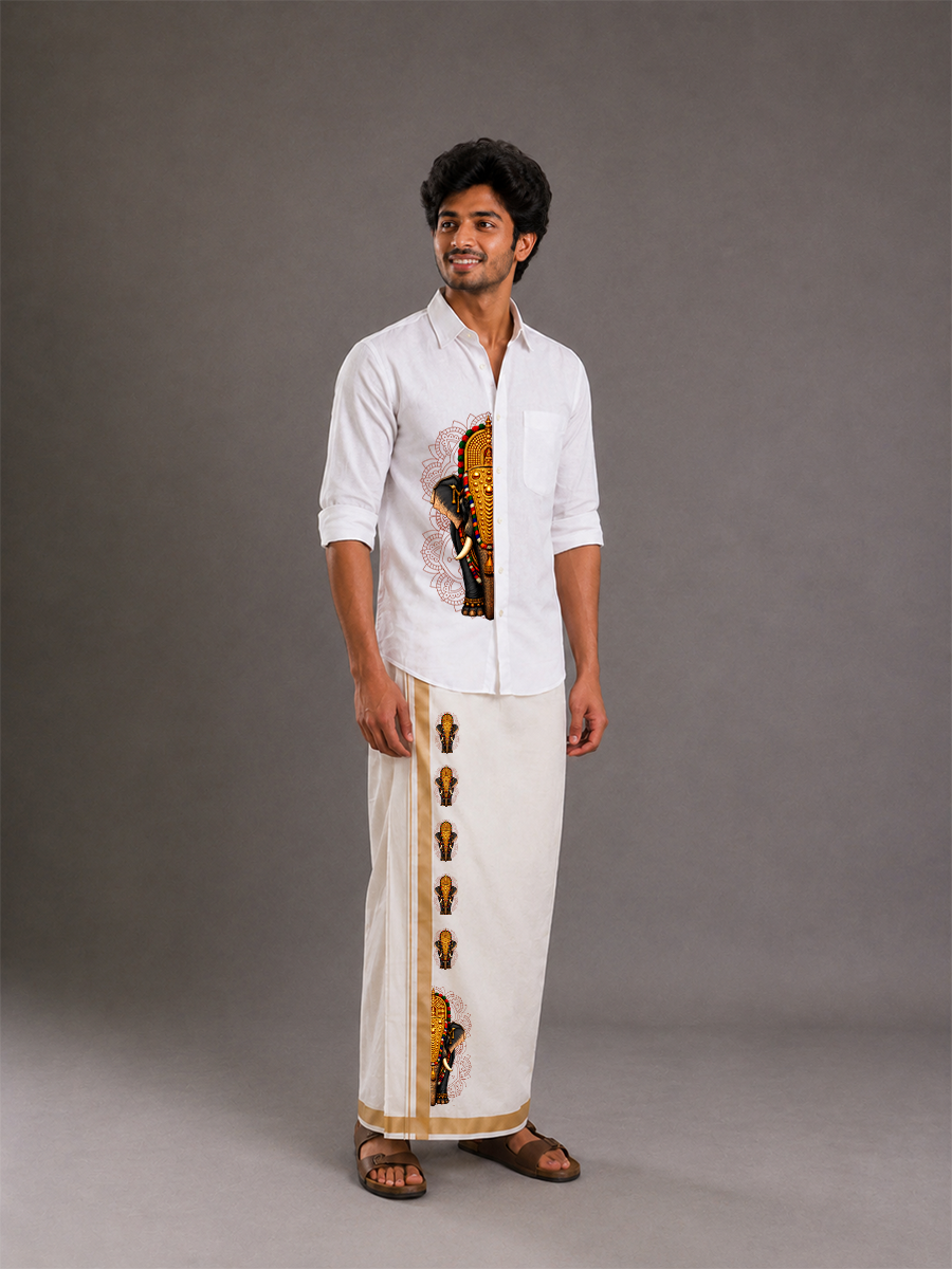 Onam Special Elephant Print Combo Set - Double Dhoti + Shirt for Men | 4M Off-White Mundu with 1.5-Inch Golden Kasavu Border