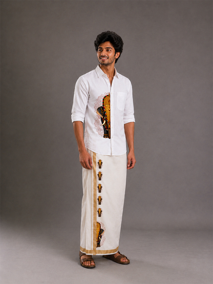 Onam Special Elephant Print Combo Set - Double Dhoti + Shirt for Men | 4M Off-White Mundu with 1.5-Inch Golden Kasavu Border