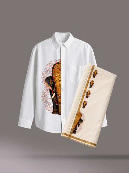 Onam Special Elephant Print Combo Set - Double Dhoti + Shirt for Men | 4M Off-White Mundu with 1.5-Inch Golden Kasavu Border