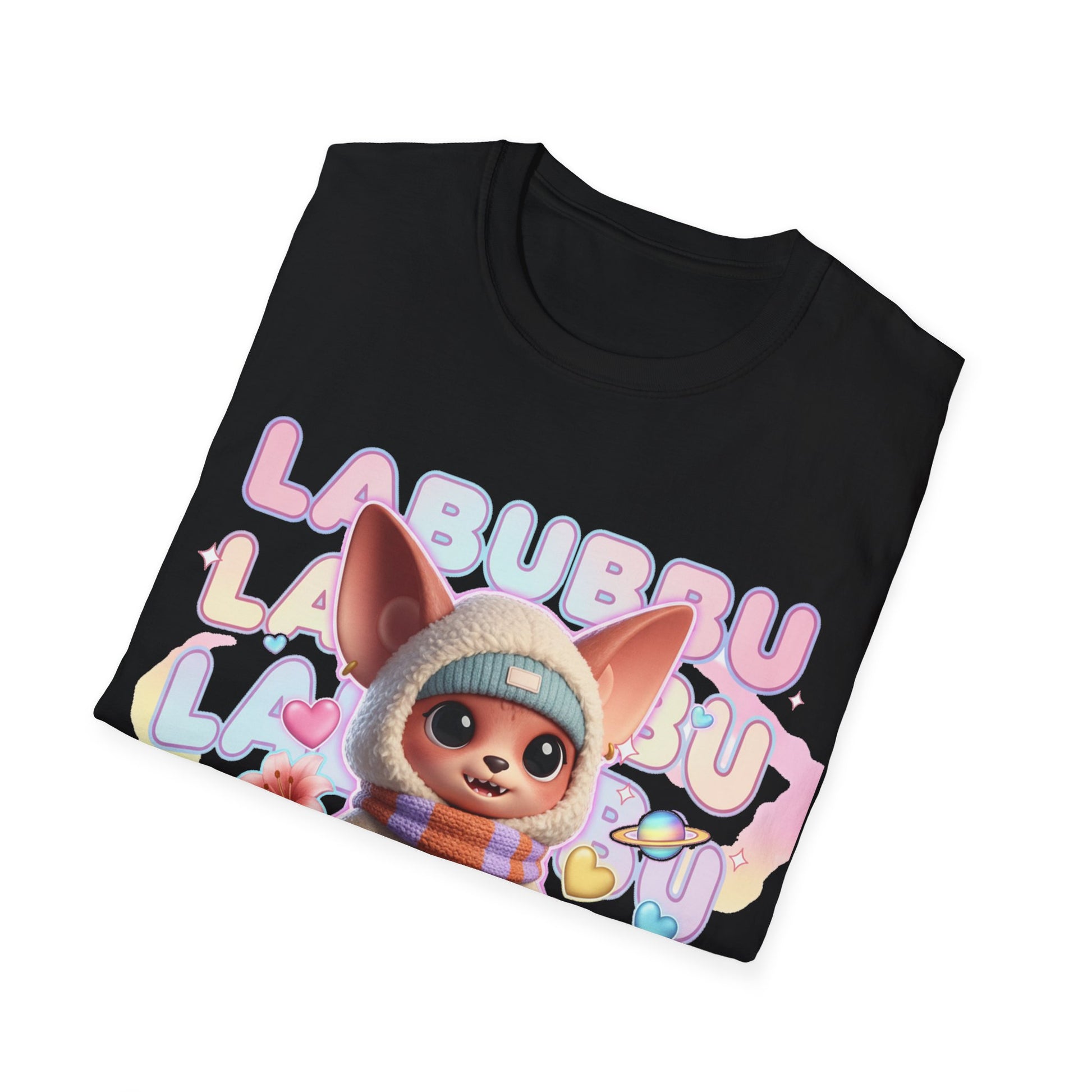 Black t-shirt with cartoon labubbu and 'La Bubbu' text on a white background