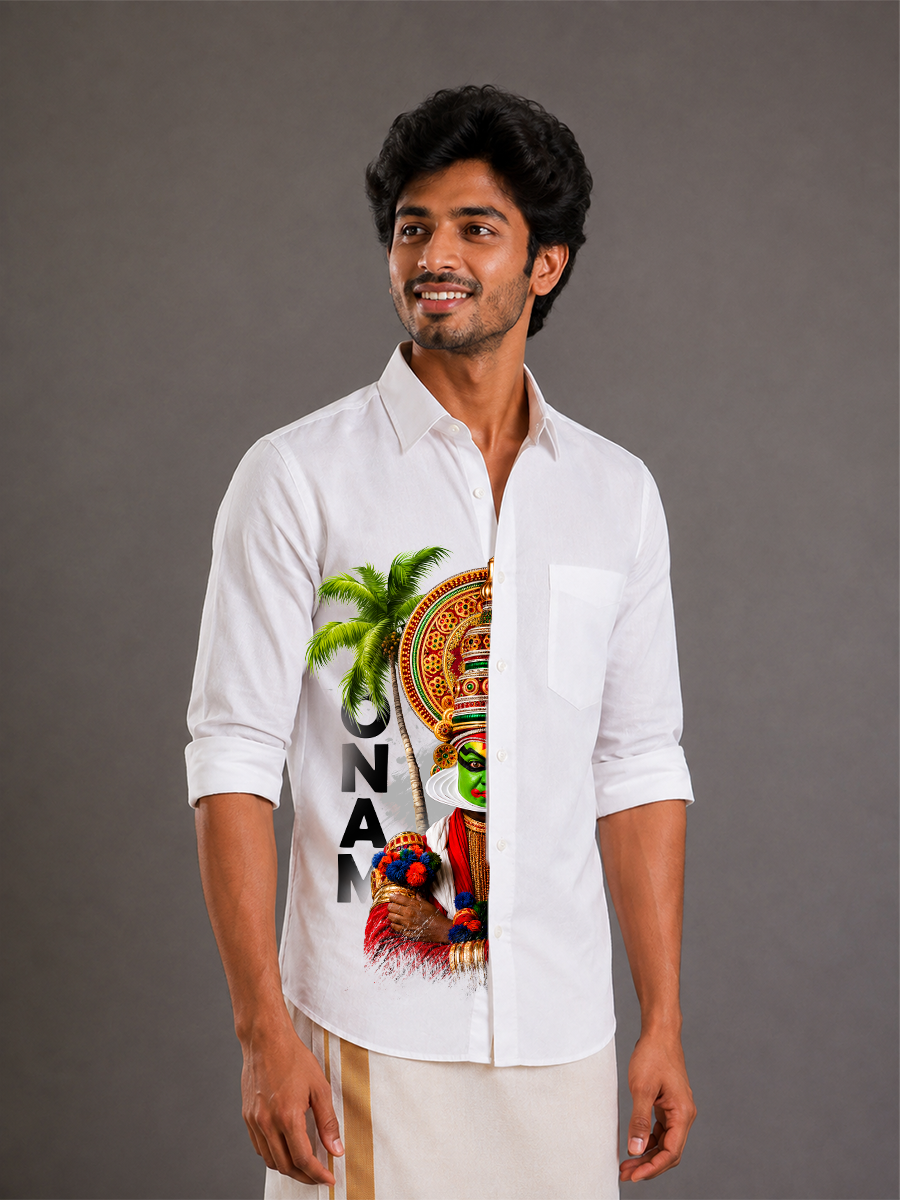 Onam Kathakali Print Combo Set - Off-White Double Dhoti with Black Border + Kathakali Print Shirt for Men | 4M Pure Cotton