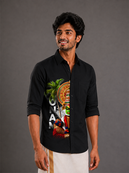 Onam Kathakali Print Combo Set - Off-White Double Dhoti with Black Border + Kathakali Print Shirt for Men | 4M Pure Cotton