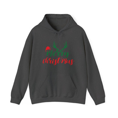 Merry Christmas Reindeer Antlers Hoodie — Festive Holiday Sweatshirt with Santa Hat Accent