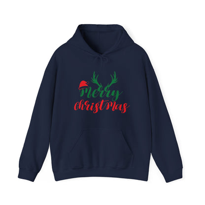 Merry Christmas Reindeer Antlers Hoodie — Festive Holiday Sweatshirt with Santa Hat Accent