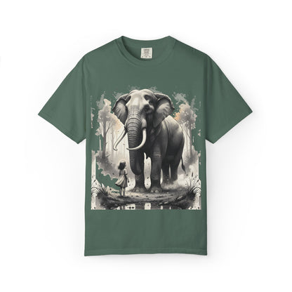 Green t-shirt with an elephant and person graphic on a white background
