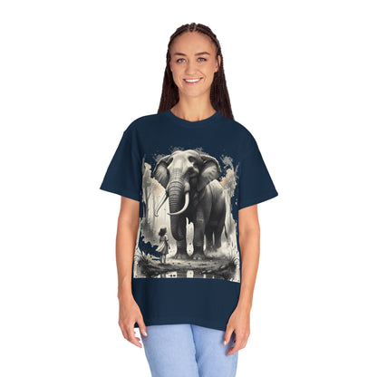 Elephant & Girl Graphic T-Shirt | Vintage Wildlife Illustration T-Shirt for Nature Lovers