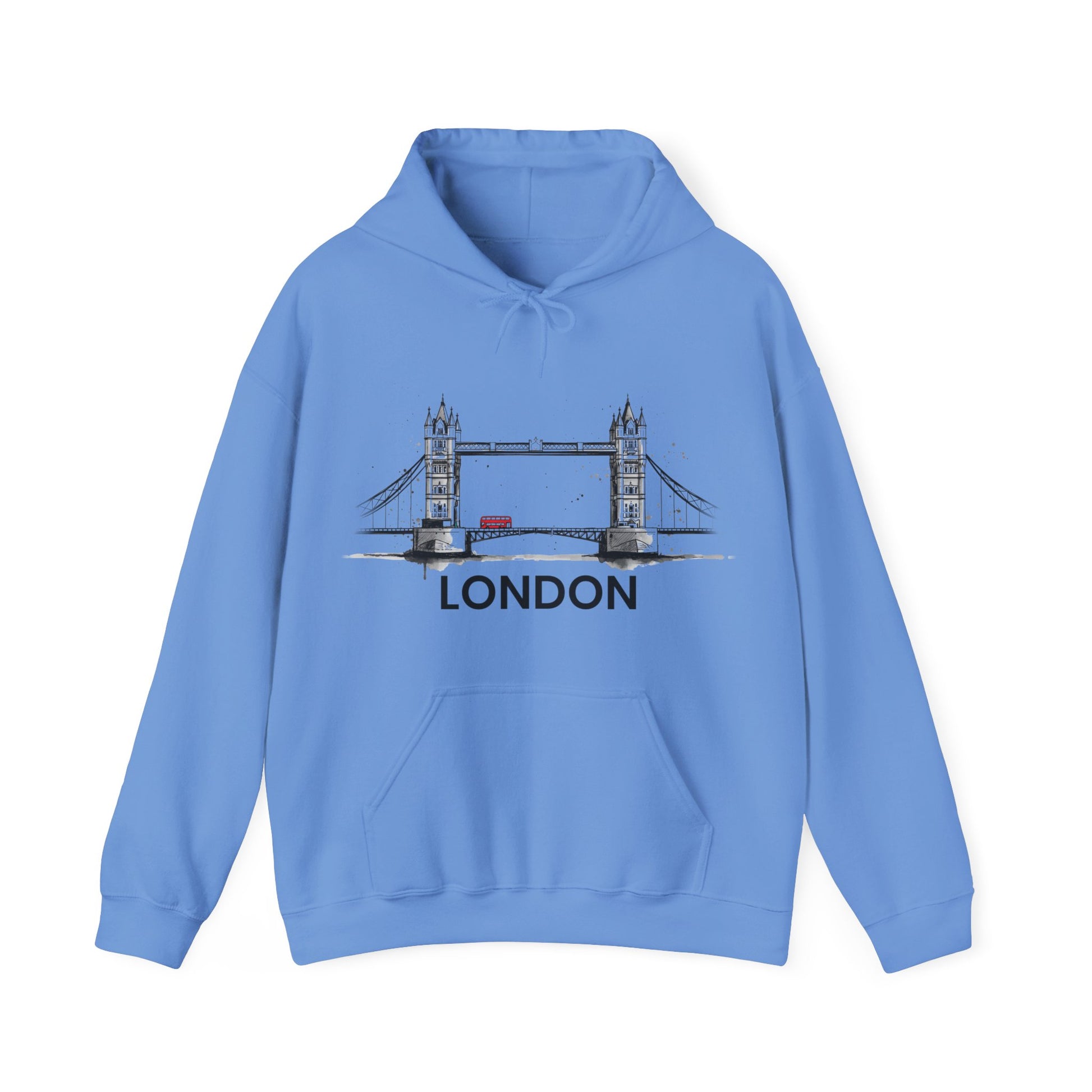 Blue hoodie with Tower Bridge graphic and 'London' text on a white background