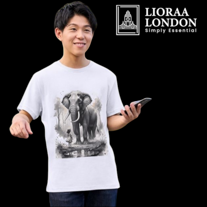 Lioraa London Ltd unisex white cotton t-shirt featuring a surreal ink-wash elephant and girl graphic print