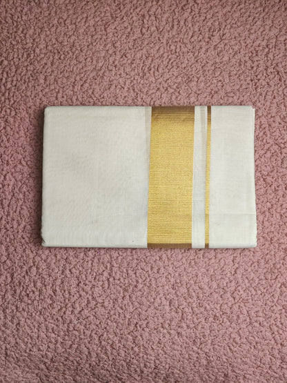 Double Golden Kasavu Off-White Dothie 1.5 INCH Kasavu | 4 Meter Off-White Kerala Mundu | 100% Pure Cotton