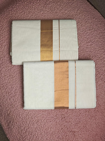 Double Golden Kasavu Off-White Dothie 1.5 INCH Kasavu | 4 Meter Off-White Kerala Mundu | 100% Pure Cotton