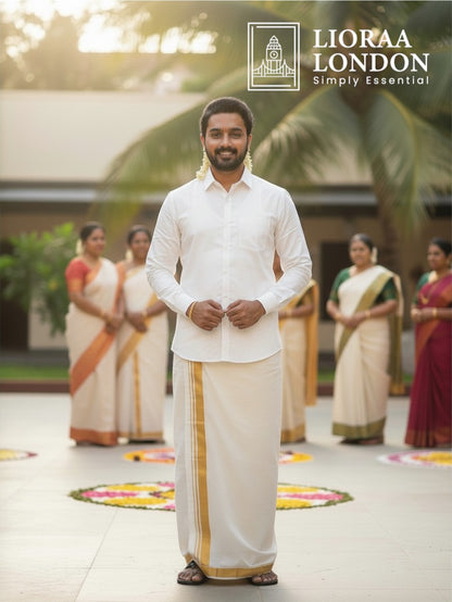 Double Golden Kasavu Off-White Dothie 1.5 INCH Kasavu | 4 Meter Off-White Kerala Mundu | 100% Pure Cotton