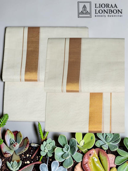 Double Golden Kasavu Off-White Dothie 1.5 INCH Kasavu | 4 Meter Off-White Kerala Mundu | 100% Pure Cotton