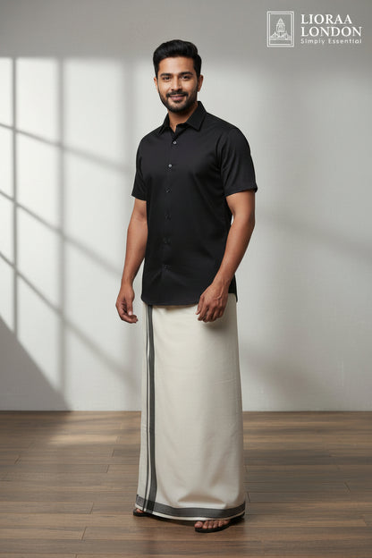 Double Dhoti with Black Kara Border - 4 Meter Off-White Kerala Mundu | 100% Pure Cotton | Onam Traditional Wear