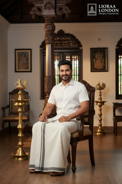 Double Dhoti with Black Kara Border - 4 Meter Off-White Kerala Mundu | 100% Pure Cotton | Onam Traditional Wear
